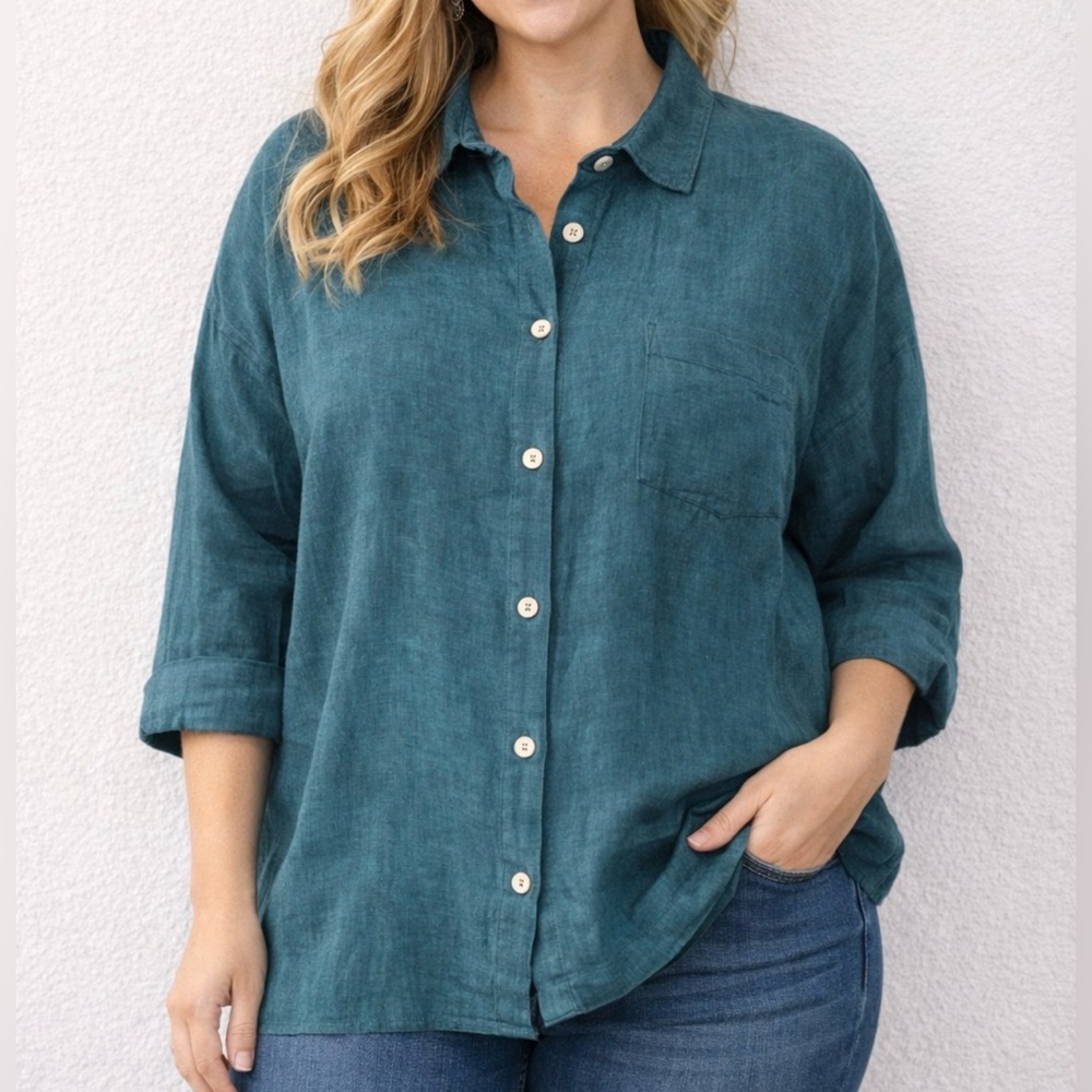Bryn Walker Teal Linen Button Down Shirt Relaxed Coastal Oversized M